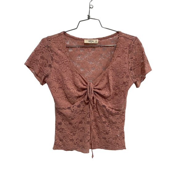 Wild Love Lace Top Size Medium Babydoll Short Sleeve Tie V Neck Floral Short - Picture 1 of 6